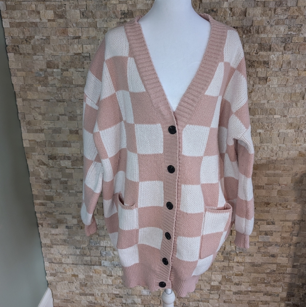 Blush Cream Checkered Cardigan Sweater Oversized Cozy Knit Coquette Soft Girl S